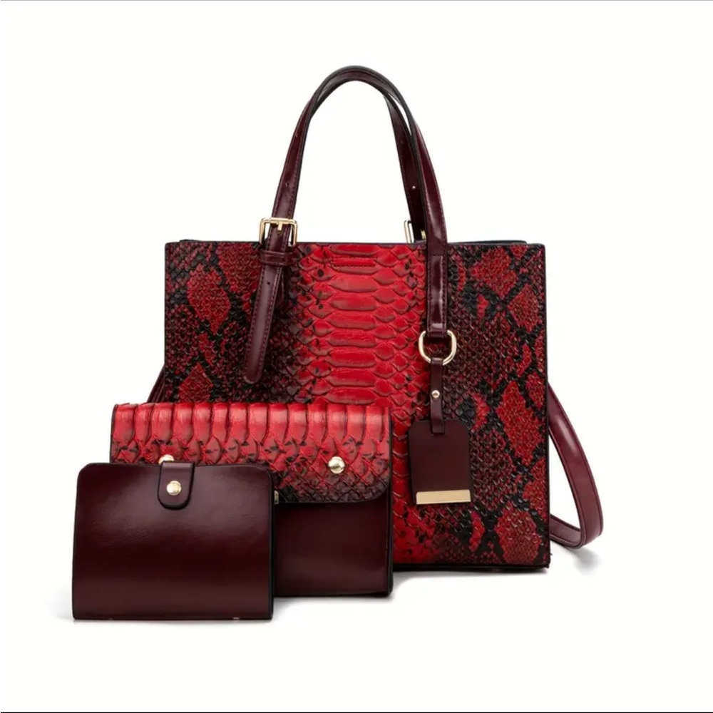 Red and Black Snakeskin Tote Bag Set